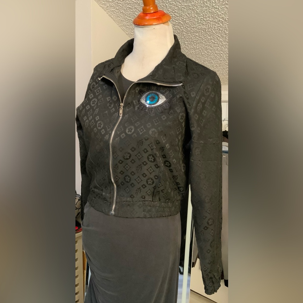Upcycled Black Cropped Zip Jacket | Evil Eye Beaded Transfer  One-of-a-Kind - Picture 6 of 6